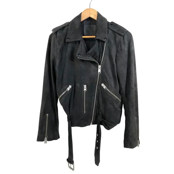 Allsaints Balfern Belted Hem Suede Biker Jacket Size 8 - Picture 1 of 3